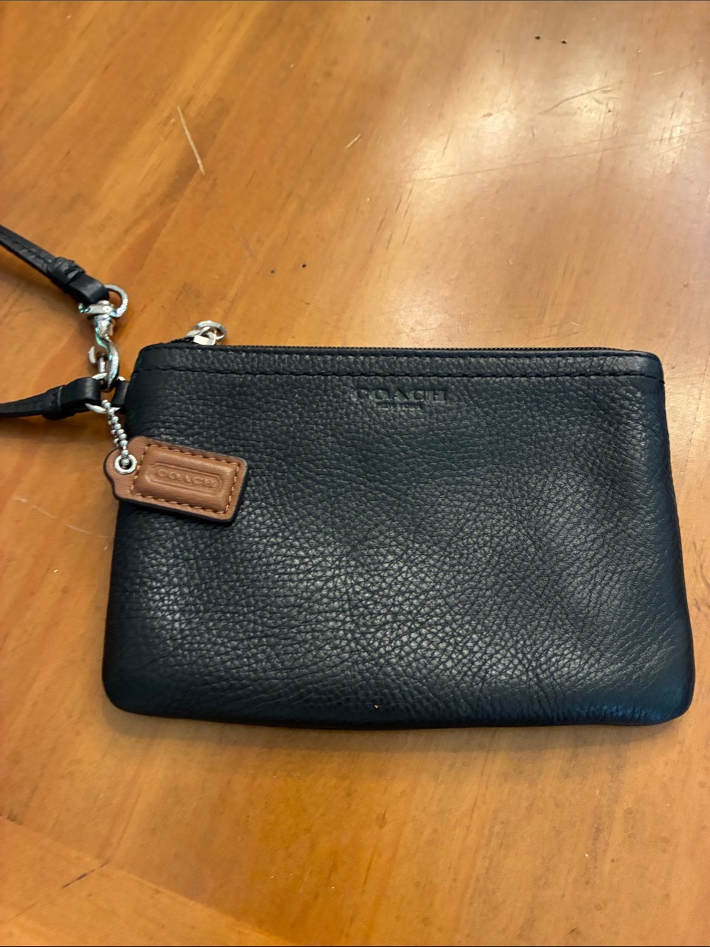 Coach Black Pebbled Leather Wristlet with Tan Tag
